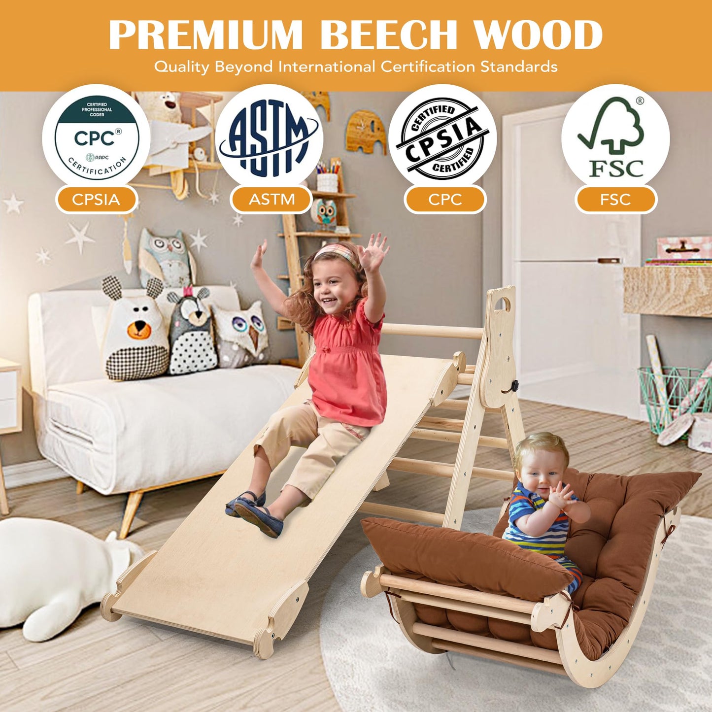 Neocozy Pikler Triangle Set With Cushion, Arch And Slide, Toddler Climbing Toys Indoor Playground, Montessori Climbing Set, Indo