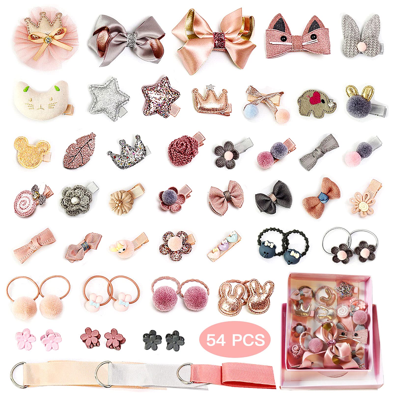 Zocone Baby Hair Clips And Hair Ties, 54Pcs Cute Bow Hairpins Elastic Hair Bands Holders, Hair Accessories For Baby Girls Toddle