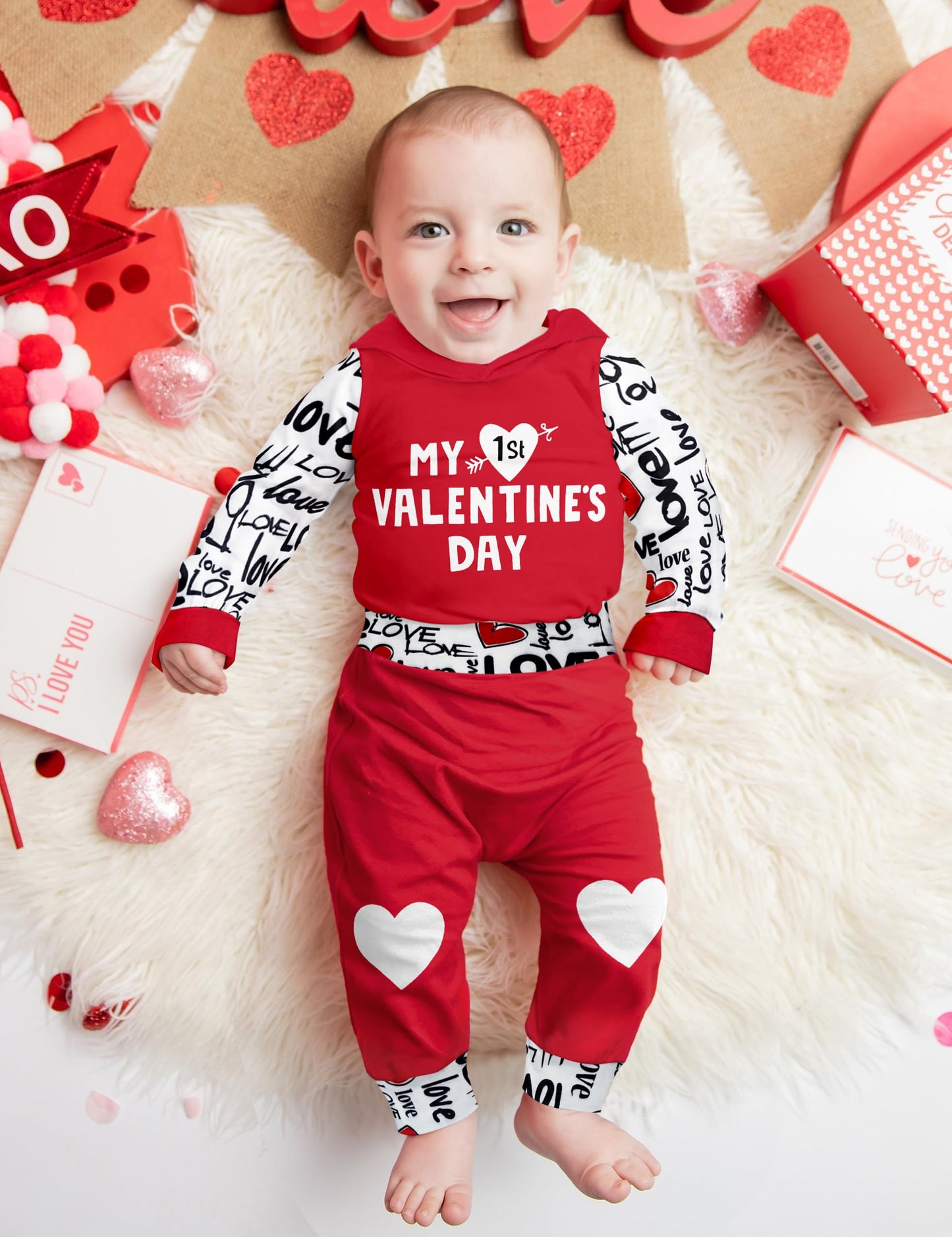 Baby Boy Valentines Day Outfit 3-6 Months My First Valentines Day Baby Boy Outfit Red Hoodie Love Pants Baby Valentines Day Gift