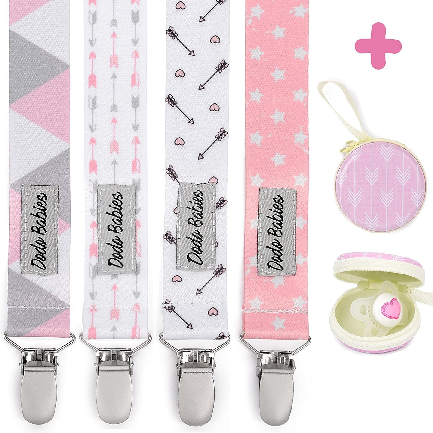 Dodo Babies Pacifier Clip Set - Four Clips Plus Binky Case - Universal Holder Fits Most Paci Brands, Teethers And Car Seats - Pi