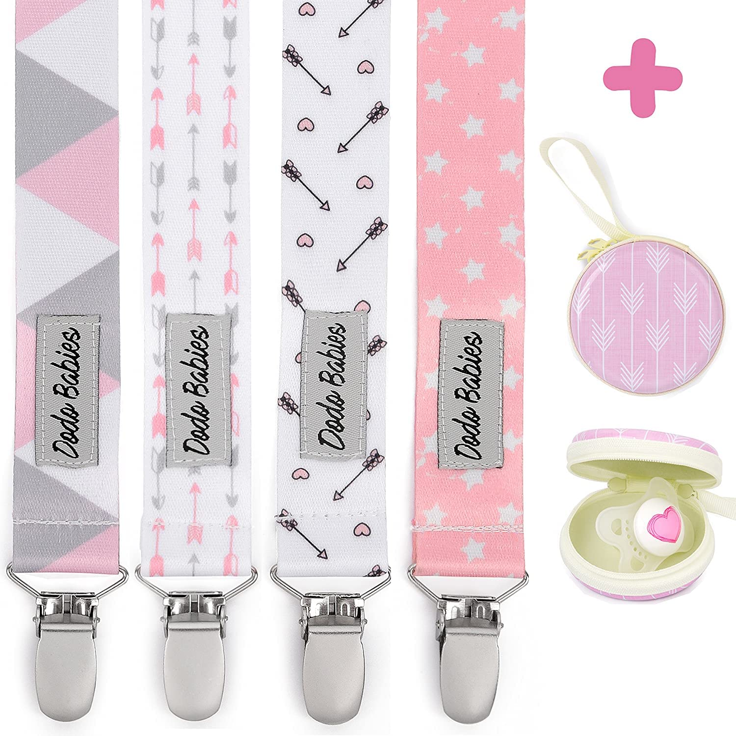 Dodo Babies Pacifier Clip Set - Four Clips Plus Binky Case - Universal Holder Fits Most Paci Brands, Teethers And Car Seats - Pi