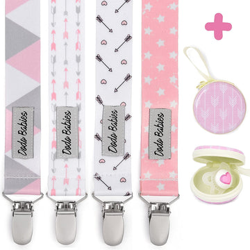 Dodo Babies Pacifier Clip Set - Four Clips Plus Binky Case - Universal Holder Fits Most Paci Brands, Teethers And Car Seats - Pi