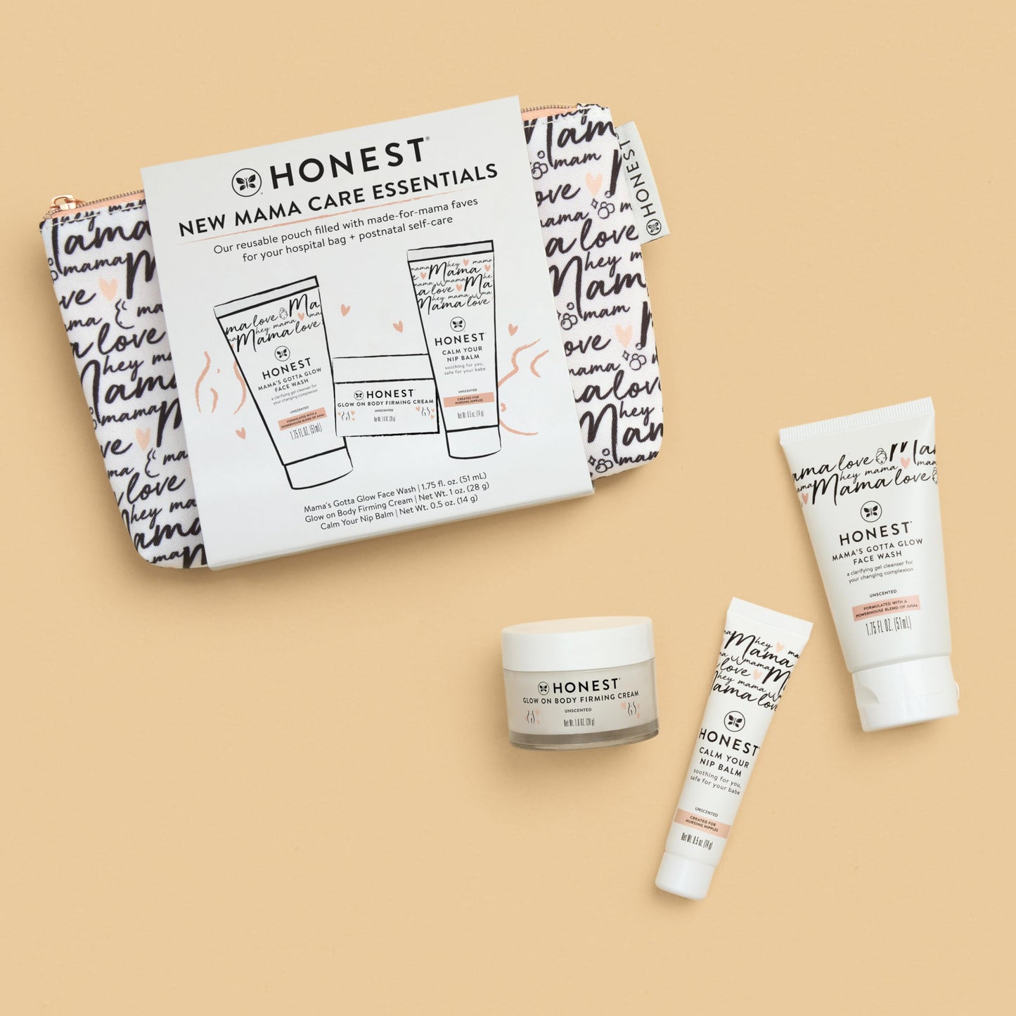 The Honest Company New Mama Care Essentials Gift Set  Hospital Bag Must Haves  Travel Size Nip Balm (0.5 Oz), Glow On Body Cream