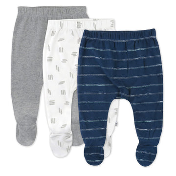 Honestbaby Baby 3-Pack Organic Cotton Footed Harem Pants, Dotted Stripe Navy Blue, 6-9 Months