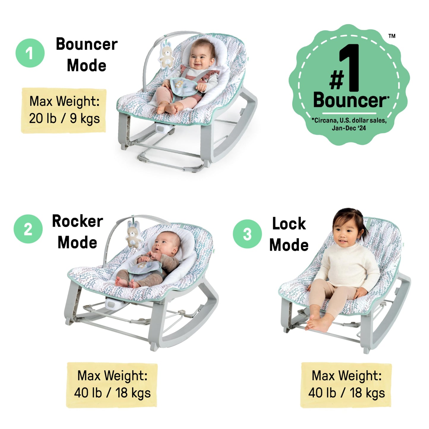 Ingenuity Keep Cozy 3-In-1 Grow With Me Vibrating Baby Bouncer Seat & Infant To Toddler Rocker, Vibrations & -Toy Bar, 0-30 Mont