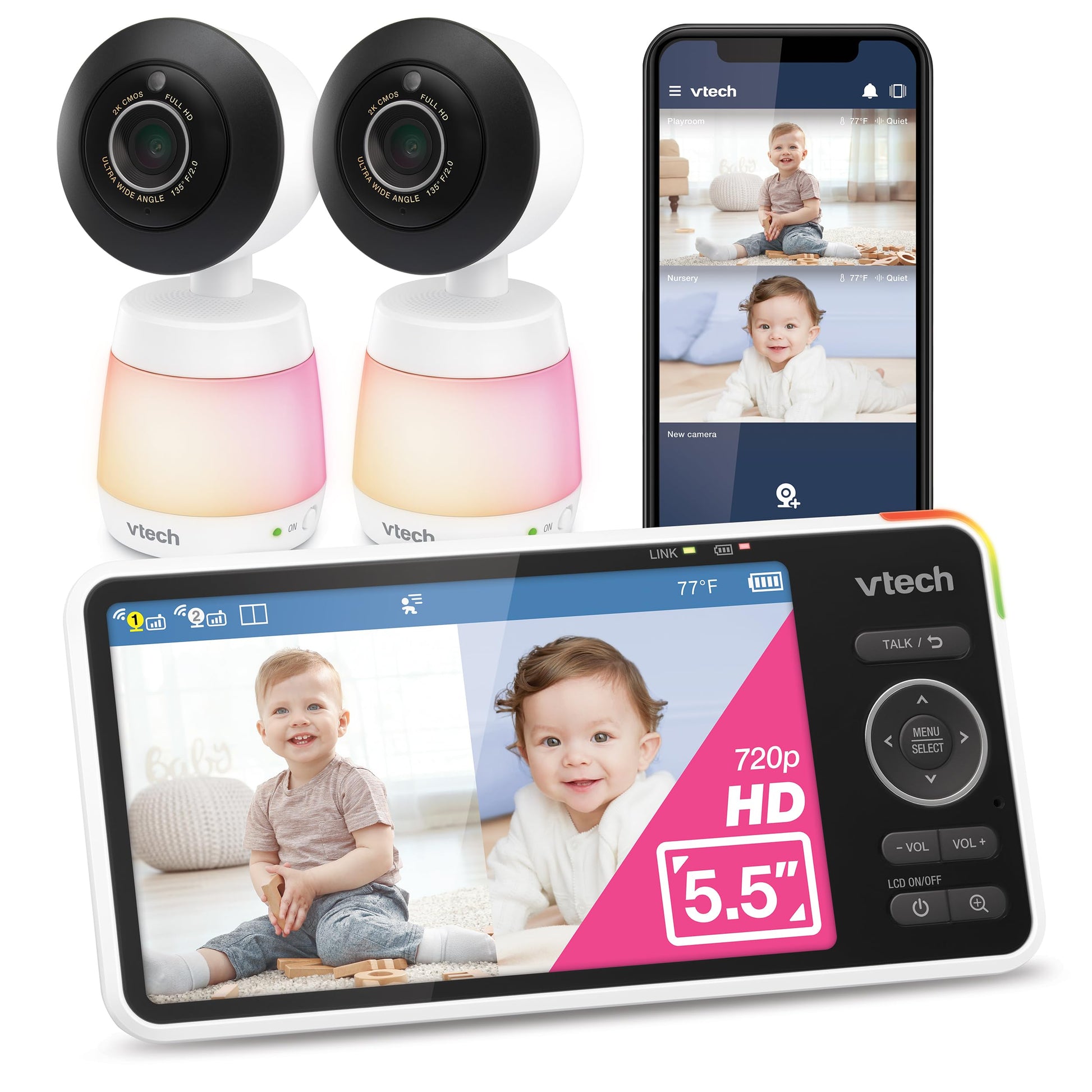 VTech 2-Cameras Smart WiFi Baby Monitor, 2K CMOS Sensor Camera, 5.5-inch HD IPS Screen, Split-Screen, Clear Infrared Night Visio
