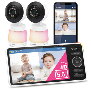 VTech 2-Cameras Smart WiFi Baby Monitor, 2K CMOS Sensor Camera, 5.5-inch HD IPS Screen, Split-Screen, Clear Infrared Night Visio
