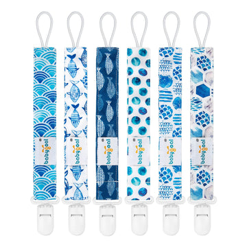 Babygoal Ocean Blue Pacifier Clips, 6 Pack Binky Paci Holder Clips And Leash For Boys And Girls Fits For Most Pacifier, Binkie S