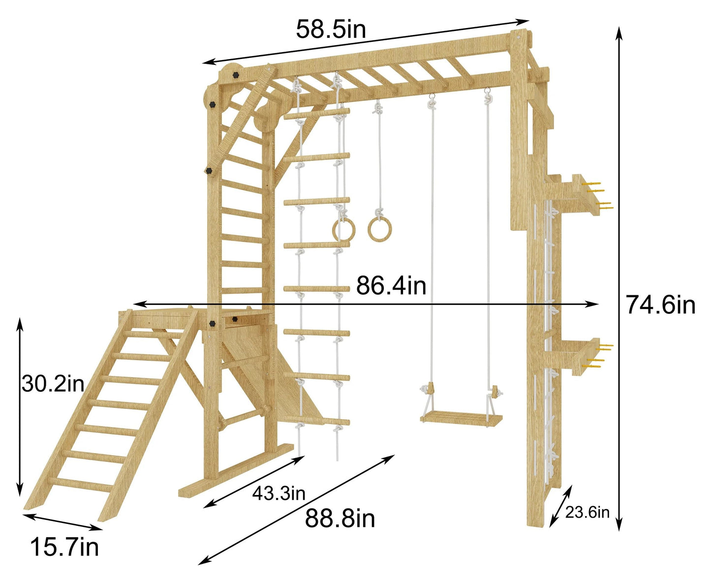 Avenlur Grove 8-In-1 Indoor Jungle Gym With Gymnastic Rings, Climbing Rope, Swing, Slide, Monkey Bars, Rope Wall Net, And Wooden