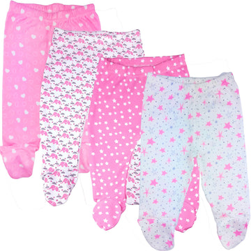 123 Bear 100% Cotton Baby Pants with Footies 100% Cotton Unisex Boys Girls (Newborn, 4-Pack Pink Pr)