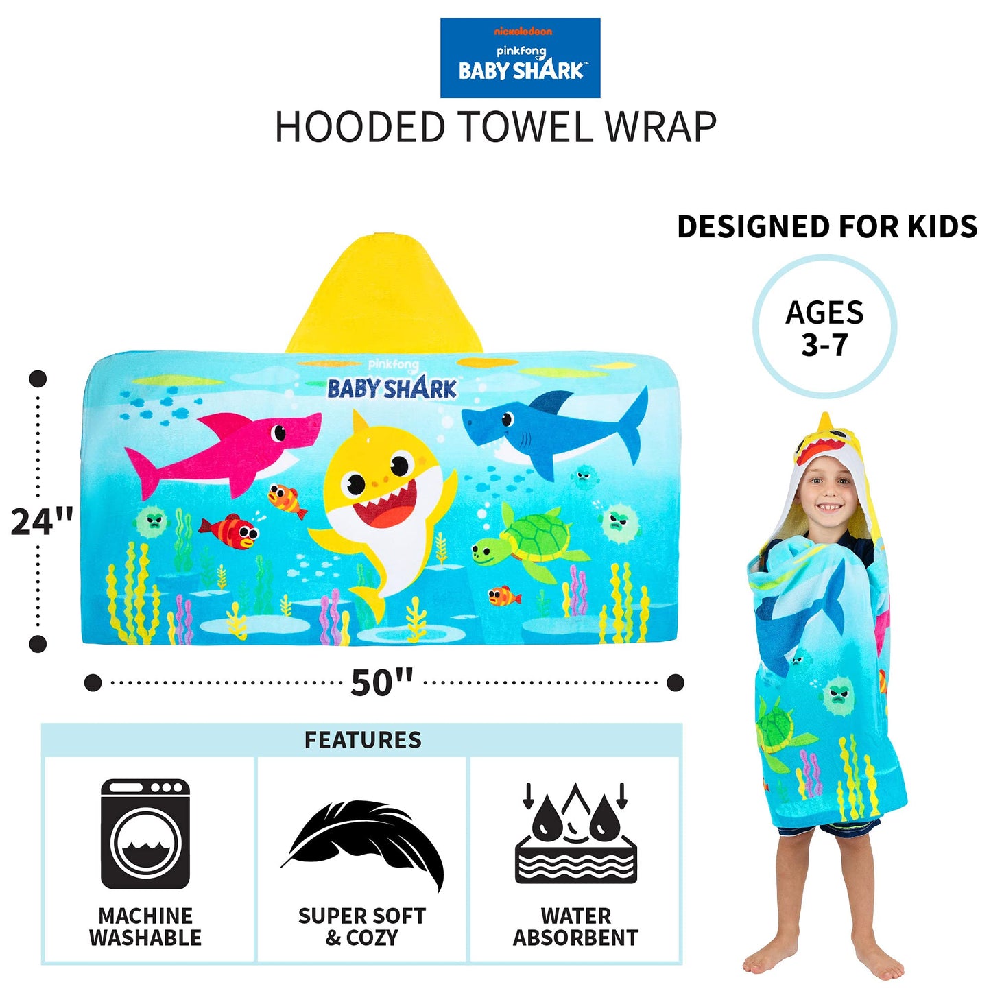 Franco Baby Shark Bath/Pool/Beach Soft Cotton Terry Hooded Towel Wrap, 24 In X 50 In, Kids