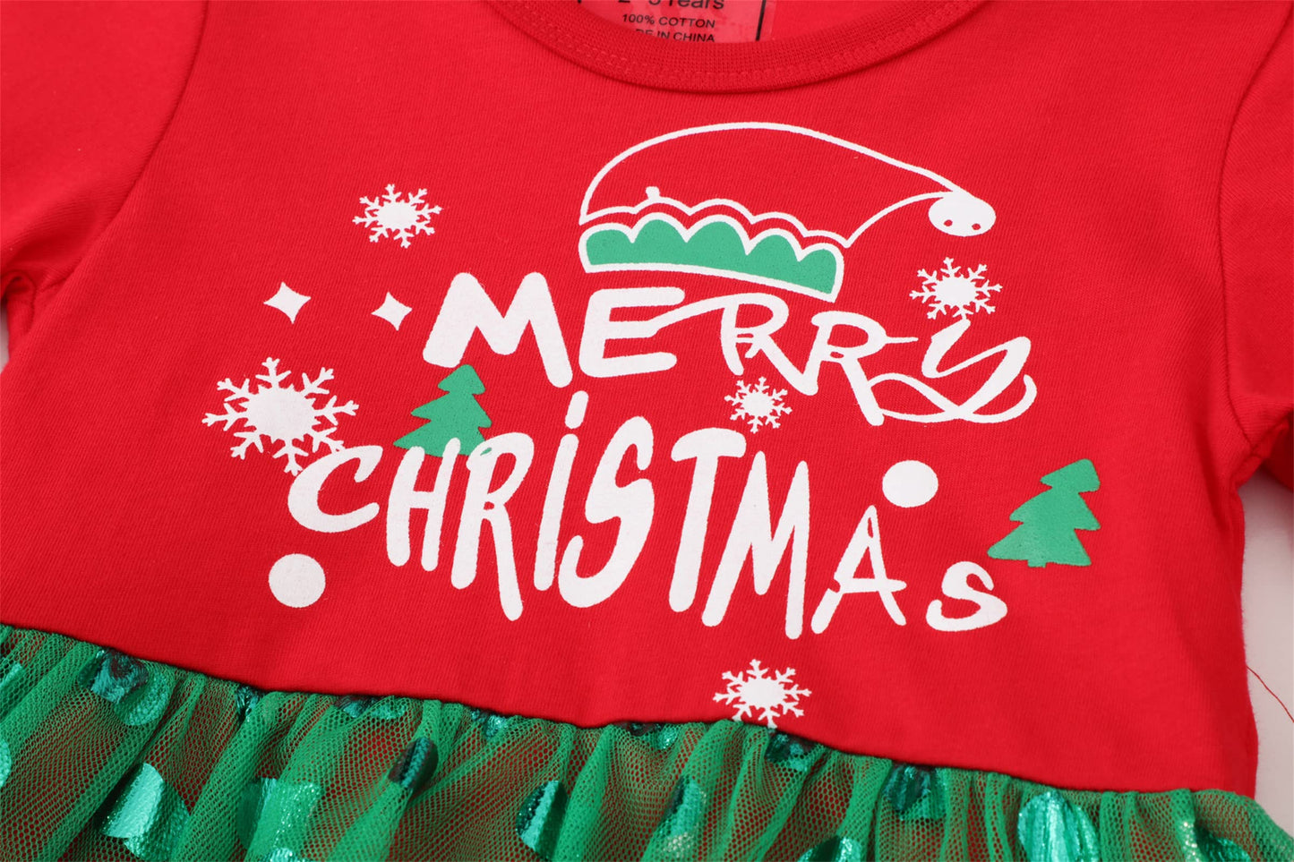 Toddler Girl Christmas Tulle Dress Long Sleeve Cotton Casual Red Green Xmas Party Tunic Shirt Dresses 3T