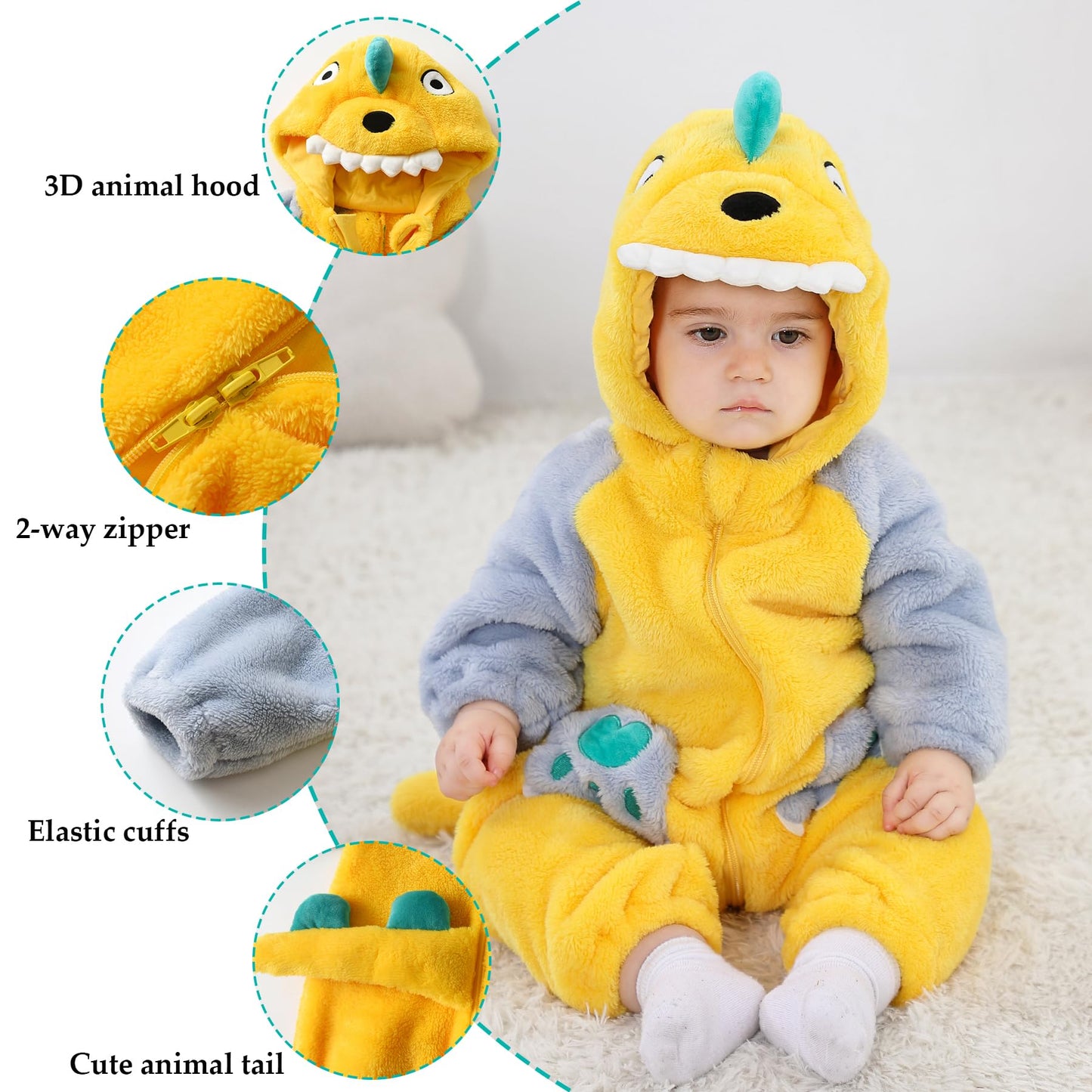 Tonwhar Kids' And Toddlers' Infant Tiger Dinosaur Animal Fancy Dress Costume Outfit Hooded Romper Jumpsuit(12-18 Months/Height:2