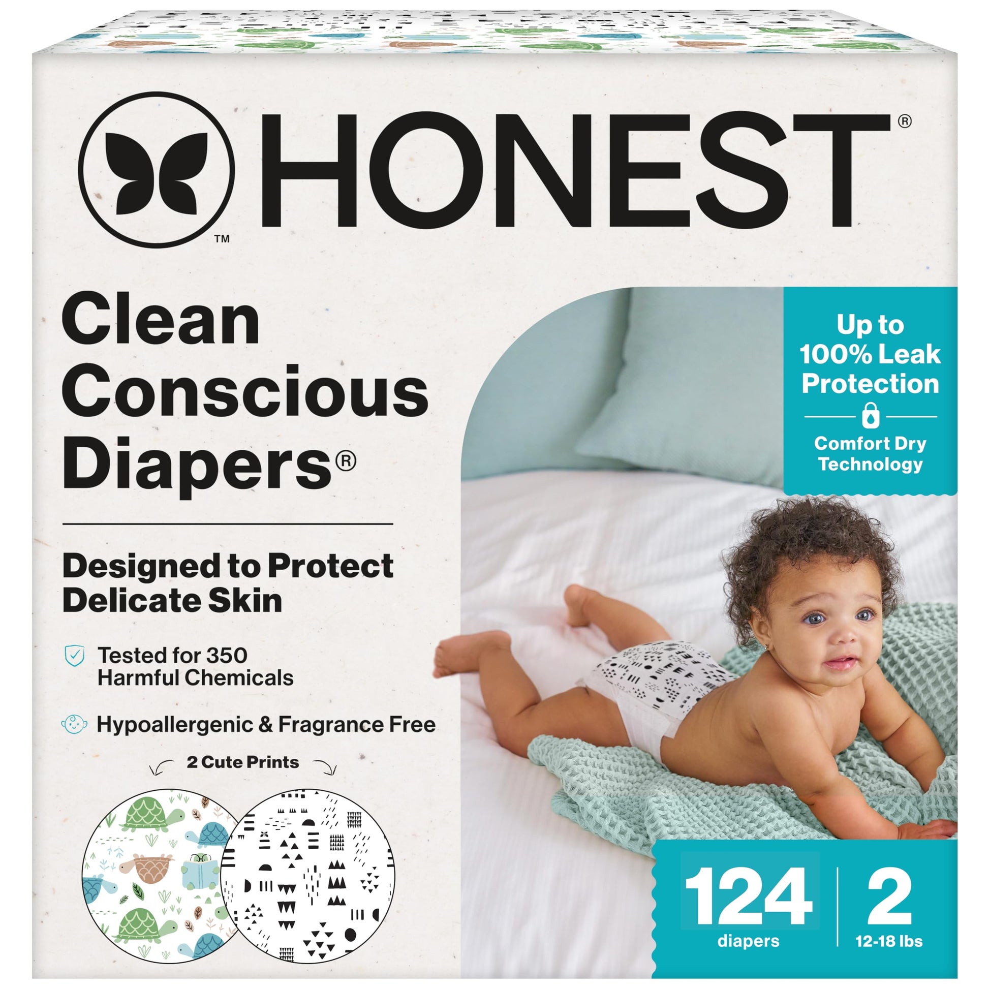 The Honest Company Comfort Dry Disposable Diapers for Sensitive Skin, Hypoallergenic, Barnyard Babies + Pattern Play, Super Club
