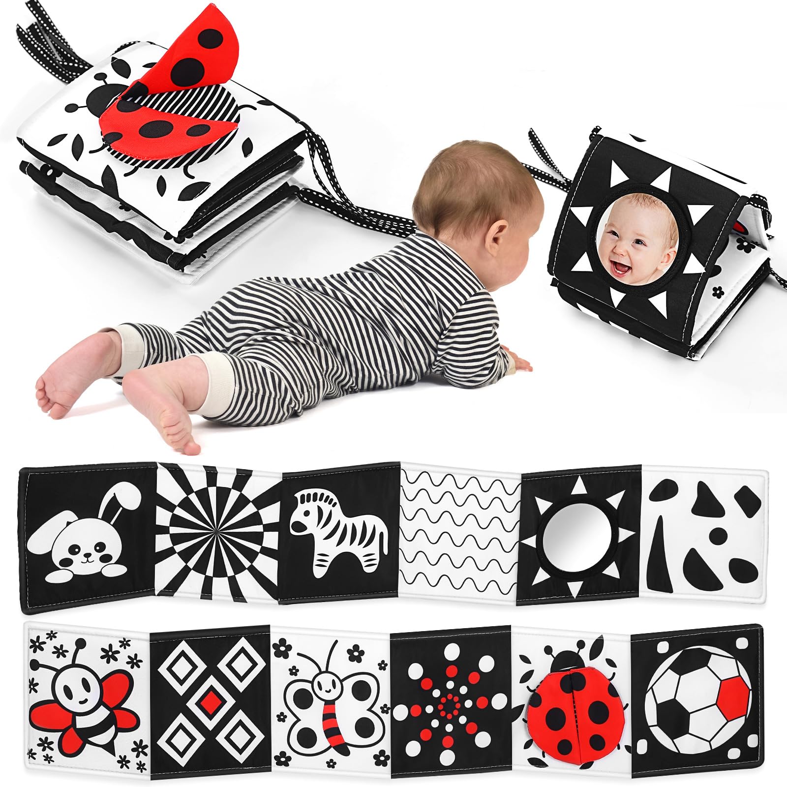 AJsupojouet Newborn Black and White High Contrast Baby Book for 0-3 Months Brain Development, Tummy Time Sensory Infant Toys, Mo