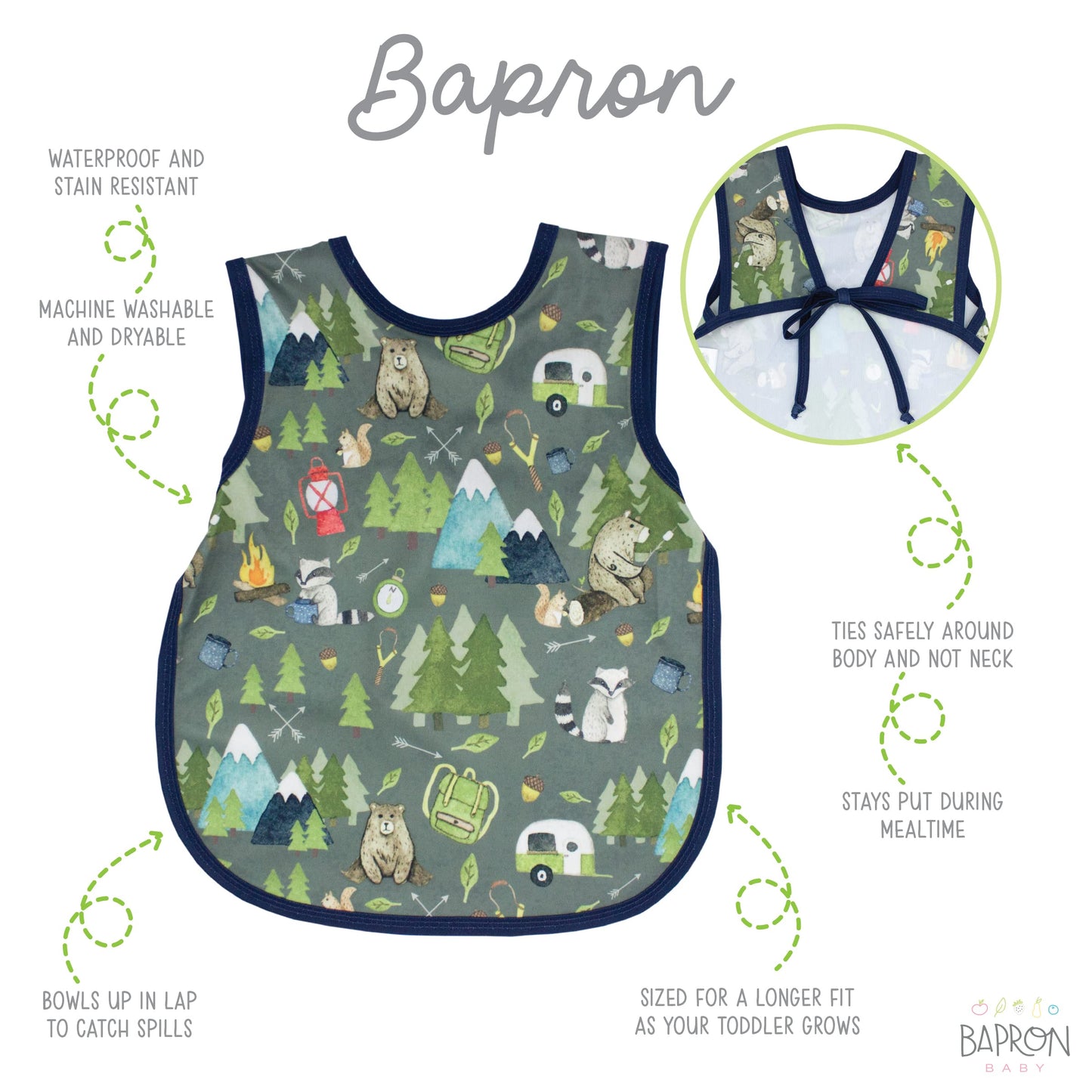 Bapronbaby Camping Bears Bapron - No Neck Tie Safer Bib For Baby & Toddler - Soft Waterproof Stain Resistant - Machine Washable