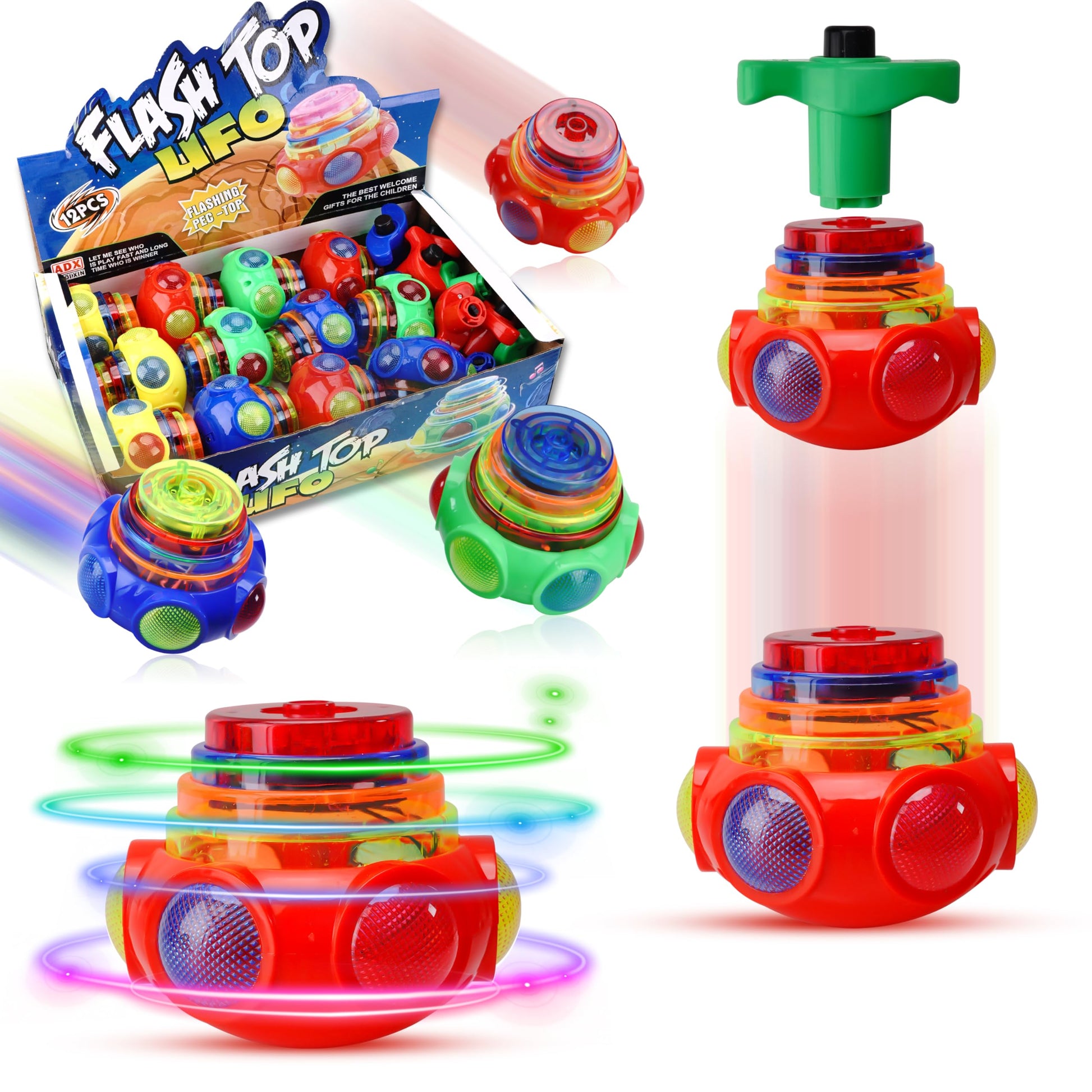 Proloso 12 Pack Led Spinning Tops Peg Top Light Up Music Spin Toys Glow In The Dark Party Supplies Gift Multicolored