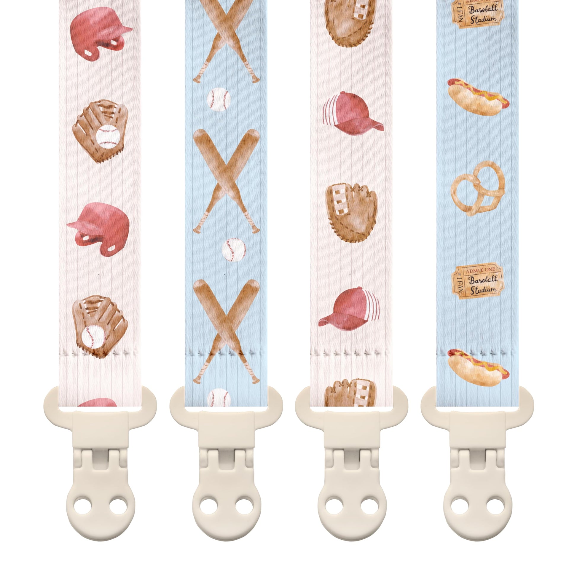 Stadela Baby Fabric Pacifier Clip Holder, Plastic Clip, 4-Pack, Sport Pattern, Baseball Set