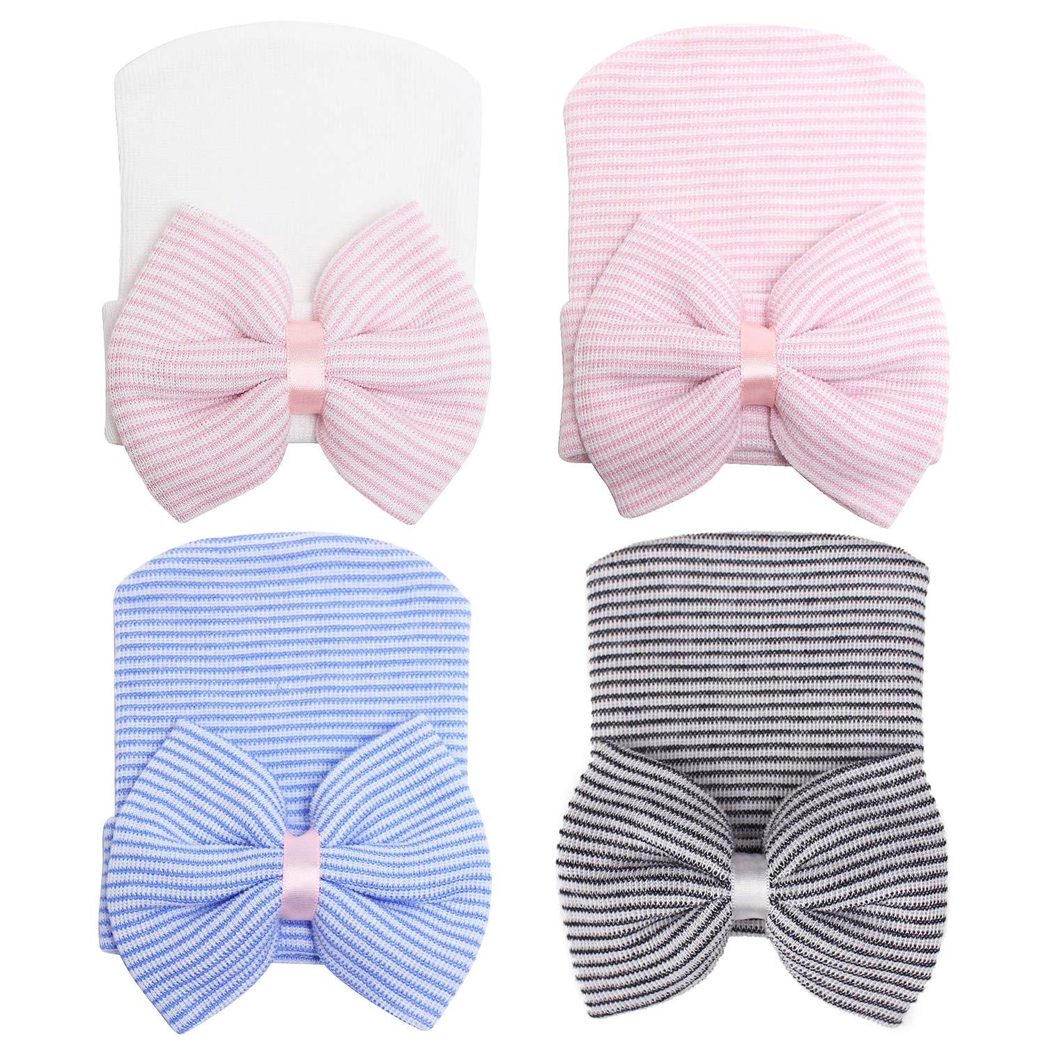 Zando Baby Girls Newborn Hospital Hat Baby Headwraps Cute Big Bows Infant Nursery Caps B Pink Bow & Black White & Blue & Pink On