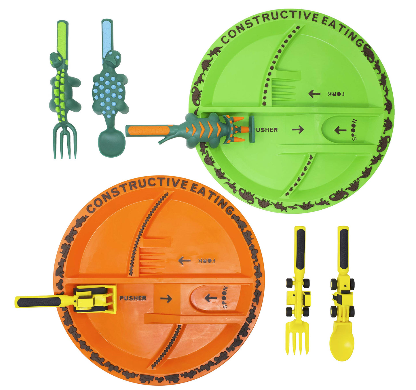 Constructive Eating Made In Usa Construction And Dinosaur Combo With 2 Utensil Sets And 2 Plates For Toddlers, Infants, Babies A