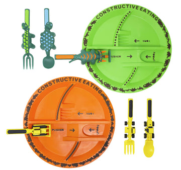 Constructive Eating Made In Usa Construction And Dinosaur Combo With 2 Utensil Sets And 2 Plates For Toddlers, Infants, Babies A