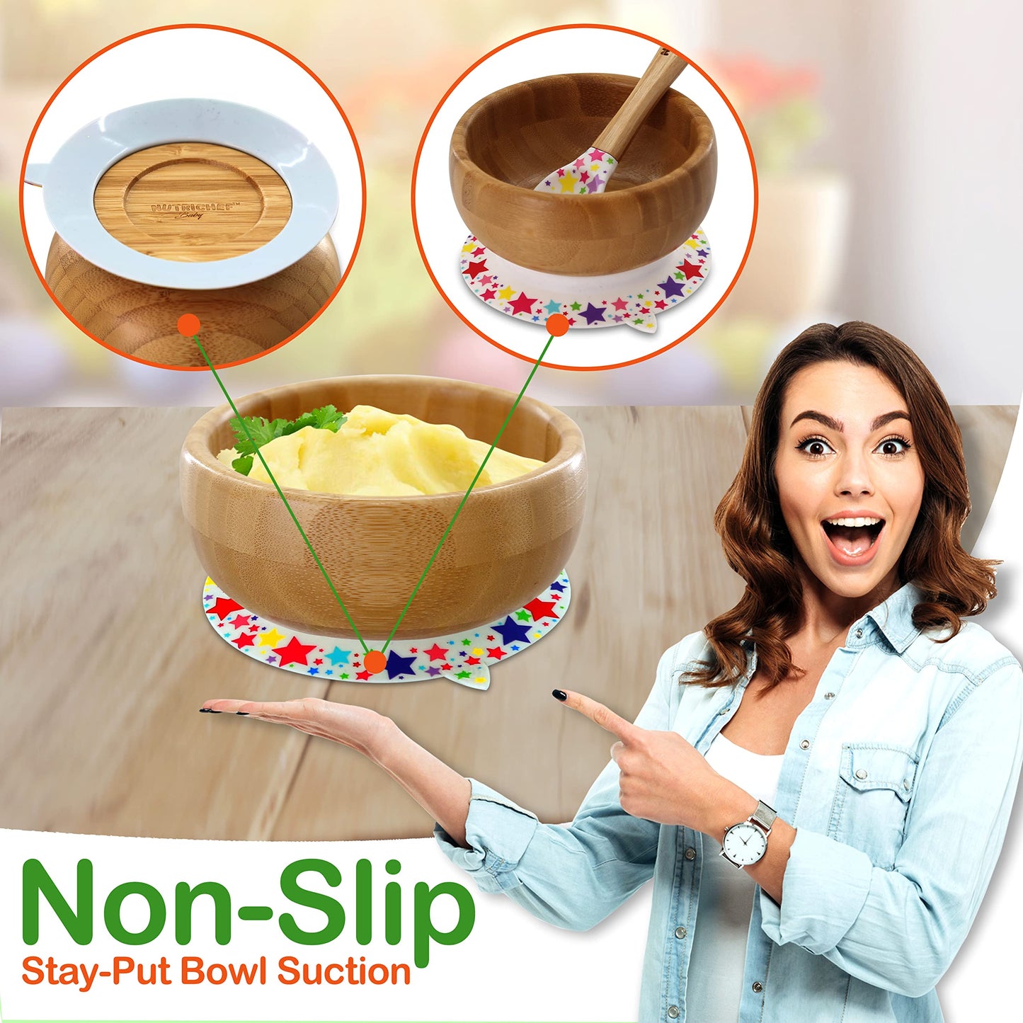 Nutrichef Bamboo Baby Feeding Bowl - Wooden Infant Toddler Dish And Spoon Set W/Silicone Suction Base For Stay Put Eating, For C