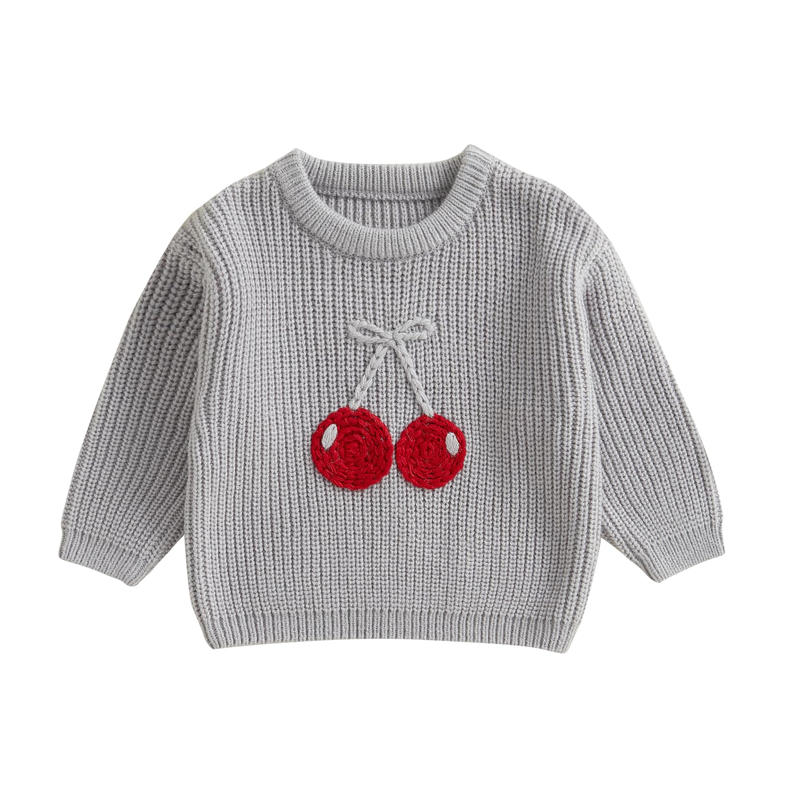 Jlkgicf Toddler Baby Girl Chunky Sweater Cherry Embroidery Knit Sweater Pullover Crewneck Shirt Valentines Spring Clothes (Cherr