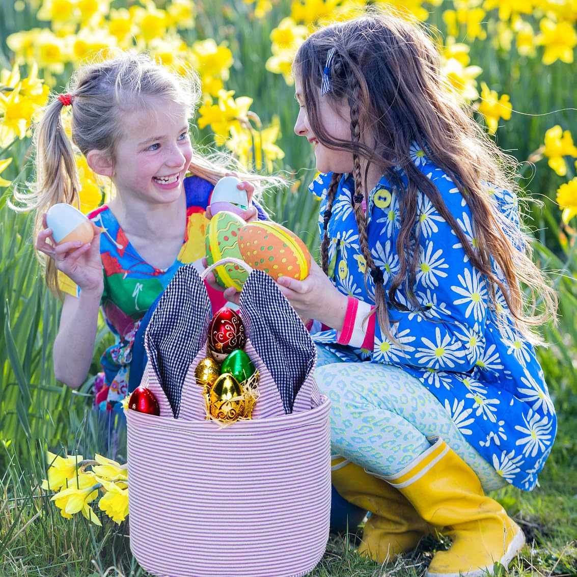 Leziazany Easter Basket Seersucker Egg Hunt Bunny Baskets For Kids With Cute Rabbit Ears Stripe Storage Gifts Candies Personaliz