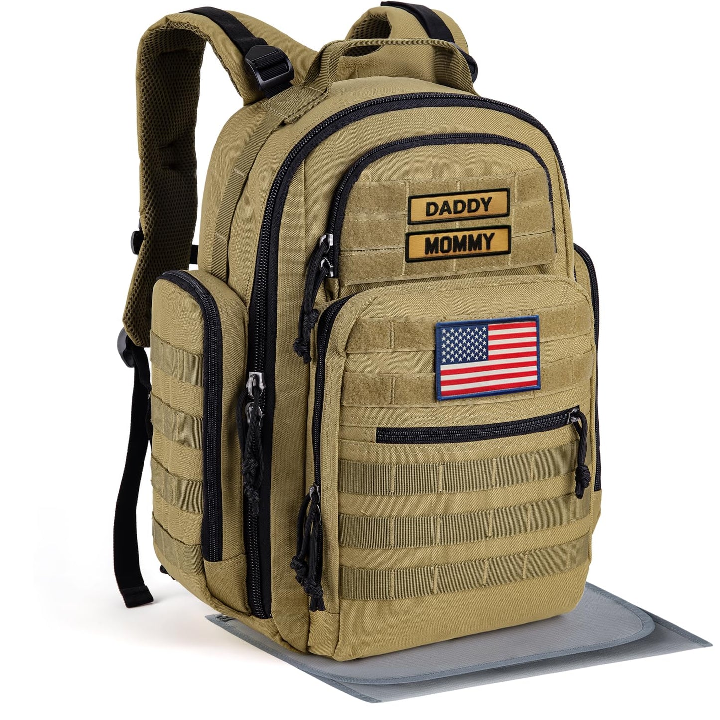 Sharkmouth Baby Diaper Bag For Men - Large Military Daddy Gear Backpack With Changing Pad For Travel Camping Hiking - Army Style