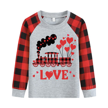 Valentine'S Day Kids Raglan Long Sleeve Shirt Train Buffalo Red Plaid Shirt Boys T-Shirts 2T