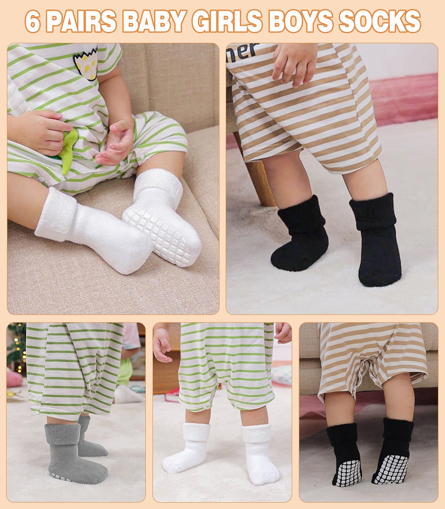 Lanleo Baby Girls Boys Non Slip Socks With Grips Toddler Kids Unisex Warm Thick Cotton Ankle Crew Socks With Grippers 2 Black 2