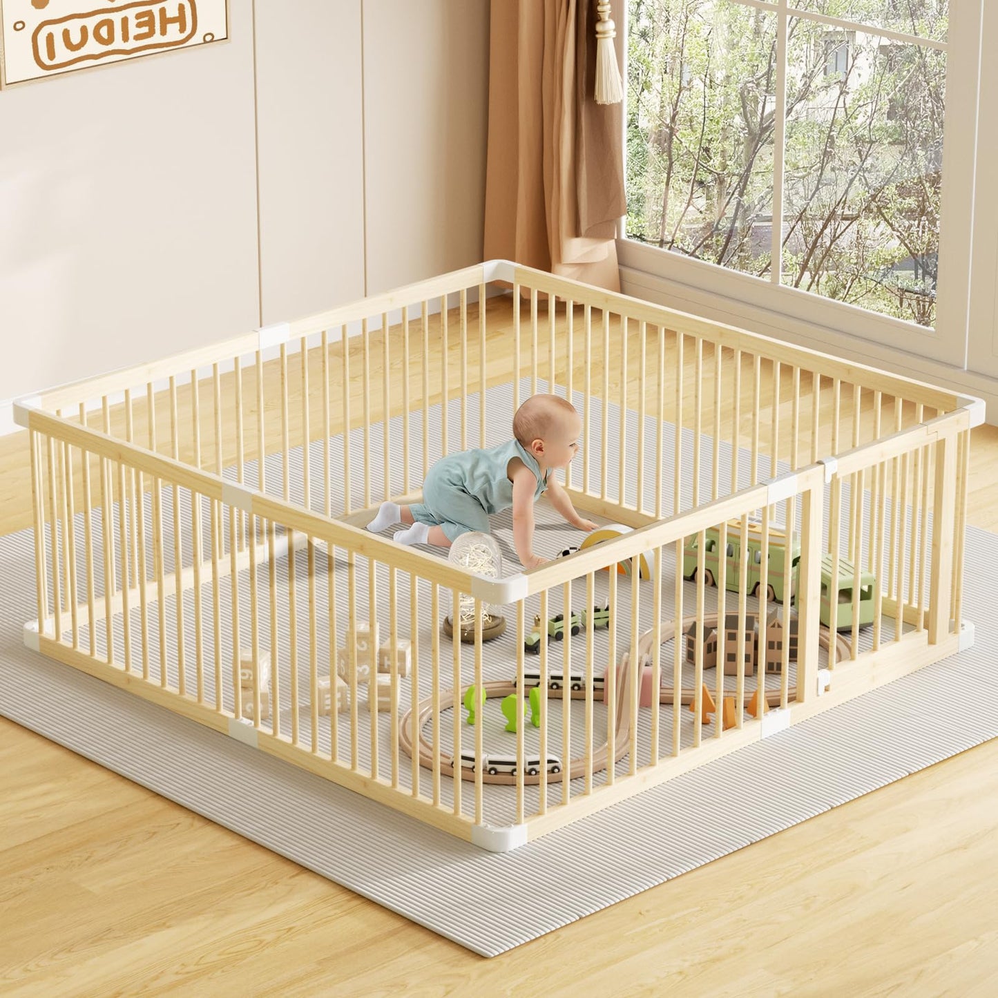 Large Wooden Baby Playpen, Adjustable Gate for Toddler and Babies, Foldable Baby Fence Play Yard with Door, Safe Play Area Kids 