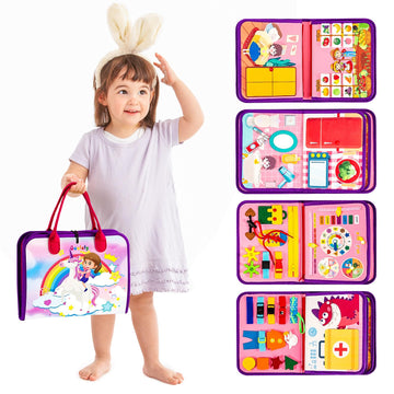 Guolely Busy Board Montessori Toys for 1-4 Year Old Girl Gift - 10 in 1 Sensory Learning Activities with Role-Play,Life Skill, A