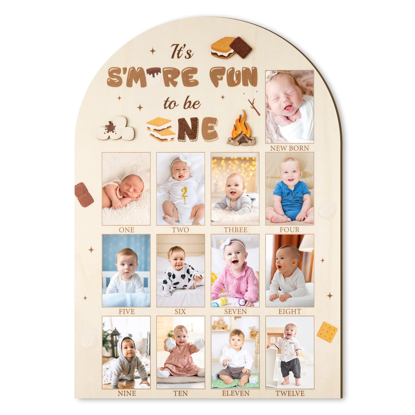 R HORSE My First Year Photo Display Wood Board - 3D S mores Baby s First Year Picture Frame, 12 Months Camping Campfire Milest