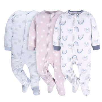 Gerber Baby Girl'S Toddler Flame Resistant Fleece Footed Pajamas 3-Pack, Purple Rainbows