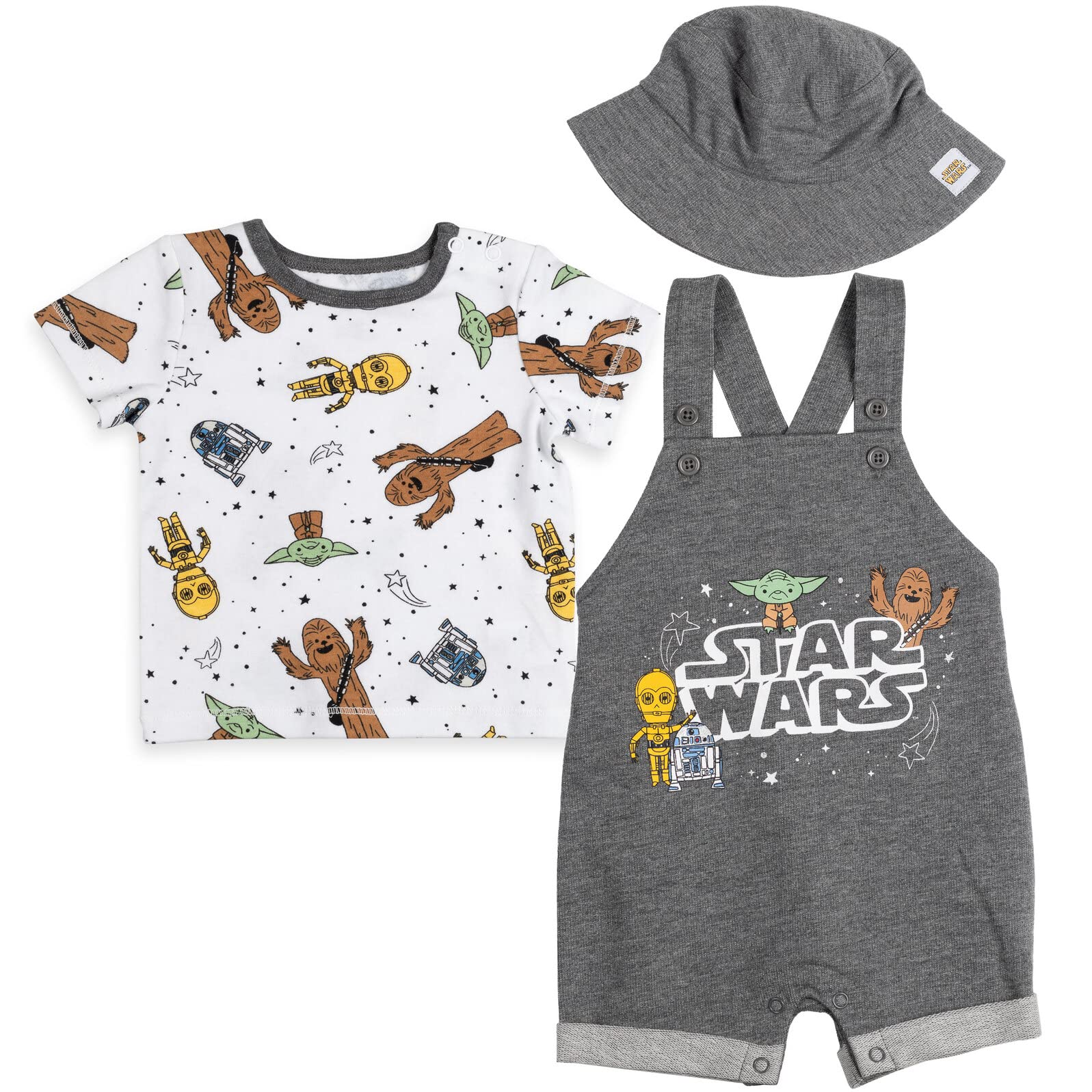 Star Wars R2-D2 Yoda Chewbacca Infant Baby Boys Short Overalls Graphic T-Shirt And Hat 3 Piece Outfit Set Grey 12 Months