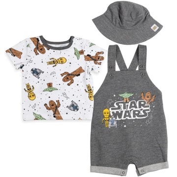 Star Wars R2-D2 Yoda Chewbacca Infant Baby Boys Short Overalls Graphic T-Shirt And Hat 3 Piece Outfit Set Grey 12 Months