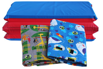 Kindermat 1.5' Thick + Pbs Kids Adventure Kit - 2 Washable Covers - 47' X 22', Special Edition - Safari Party And Space Explo