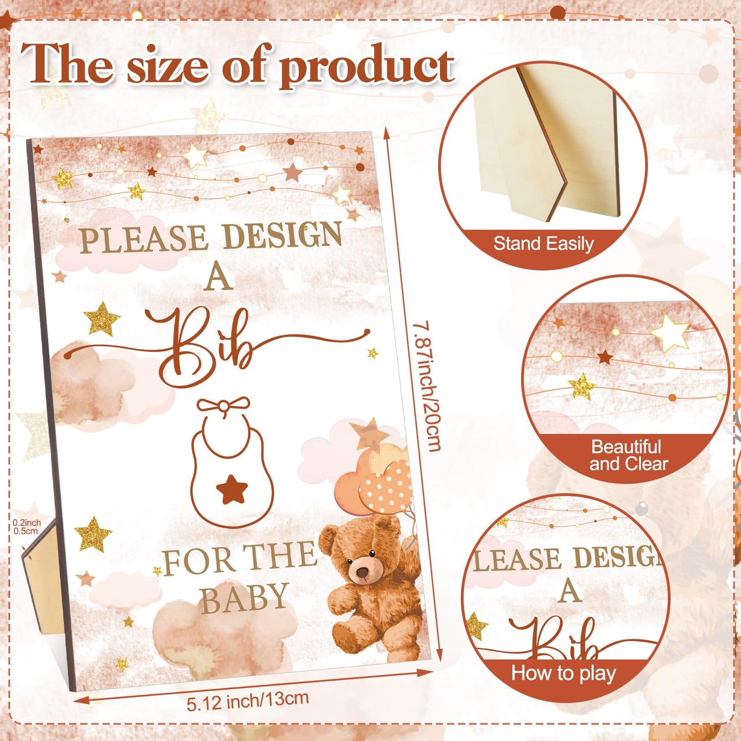 Panitay 100 Pcs Diy Baby Bibs Decorating Kit 50 White Bibs 25 Stencils 24 Fabric Markers 1 Baby Shower Game Sign(Brown Bear)