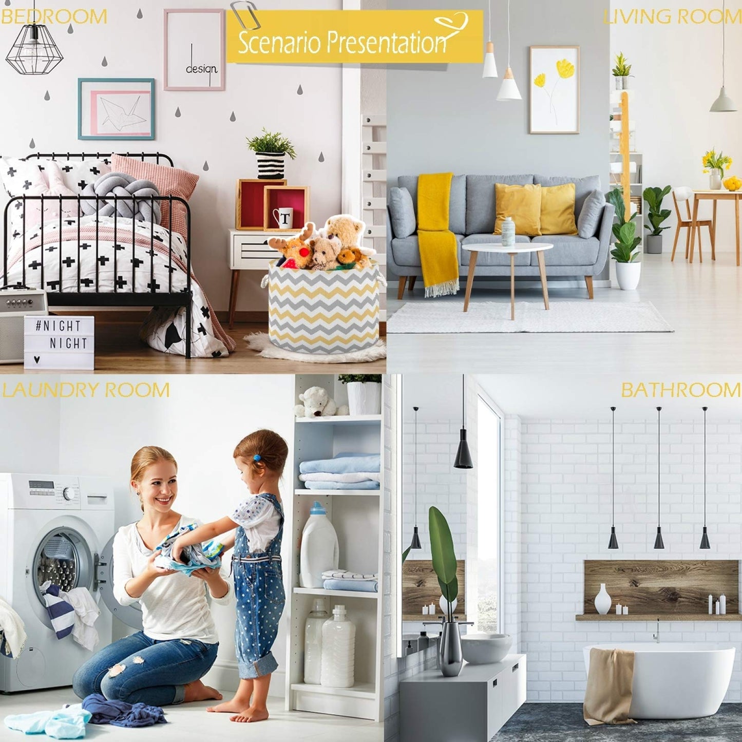 Visesunny Grey And Yellow Plaid Chevron Collapsible Large Capacity Basket Storage Bin With Durable Cotton Handles, Home Organize