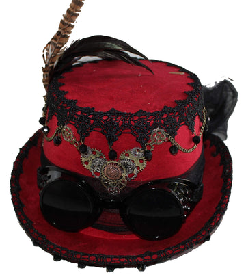 Navillus Sales Deluxe Velvet 4.25 Inch Steampunk Top Hat With Removable Goggles (Red)