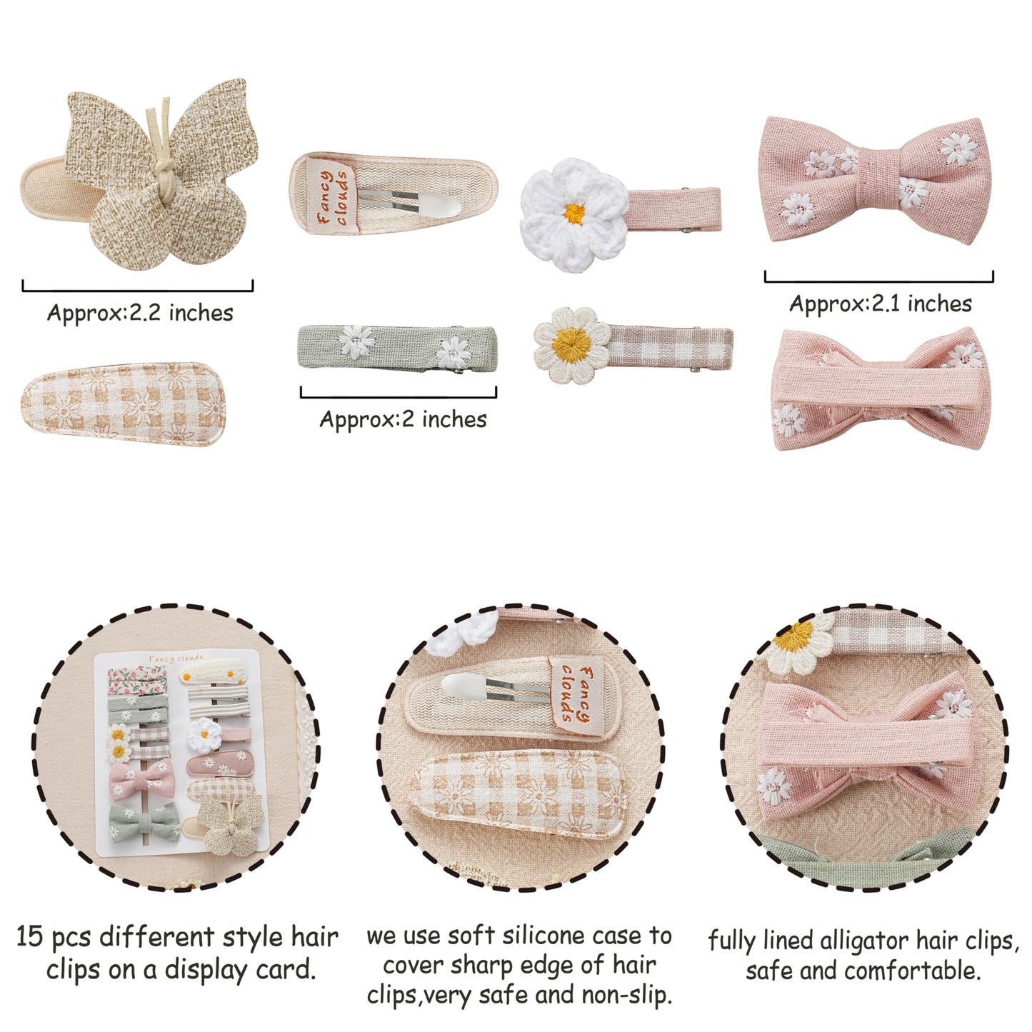 15 Pcs Hair Clips For Girls With Bows Butterfly Flower,2' Fully Lined Alligator Clips And Barrettes,Handmade Hair Accessories F