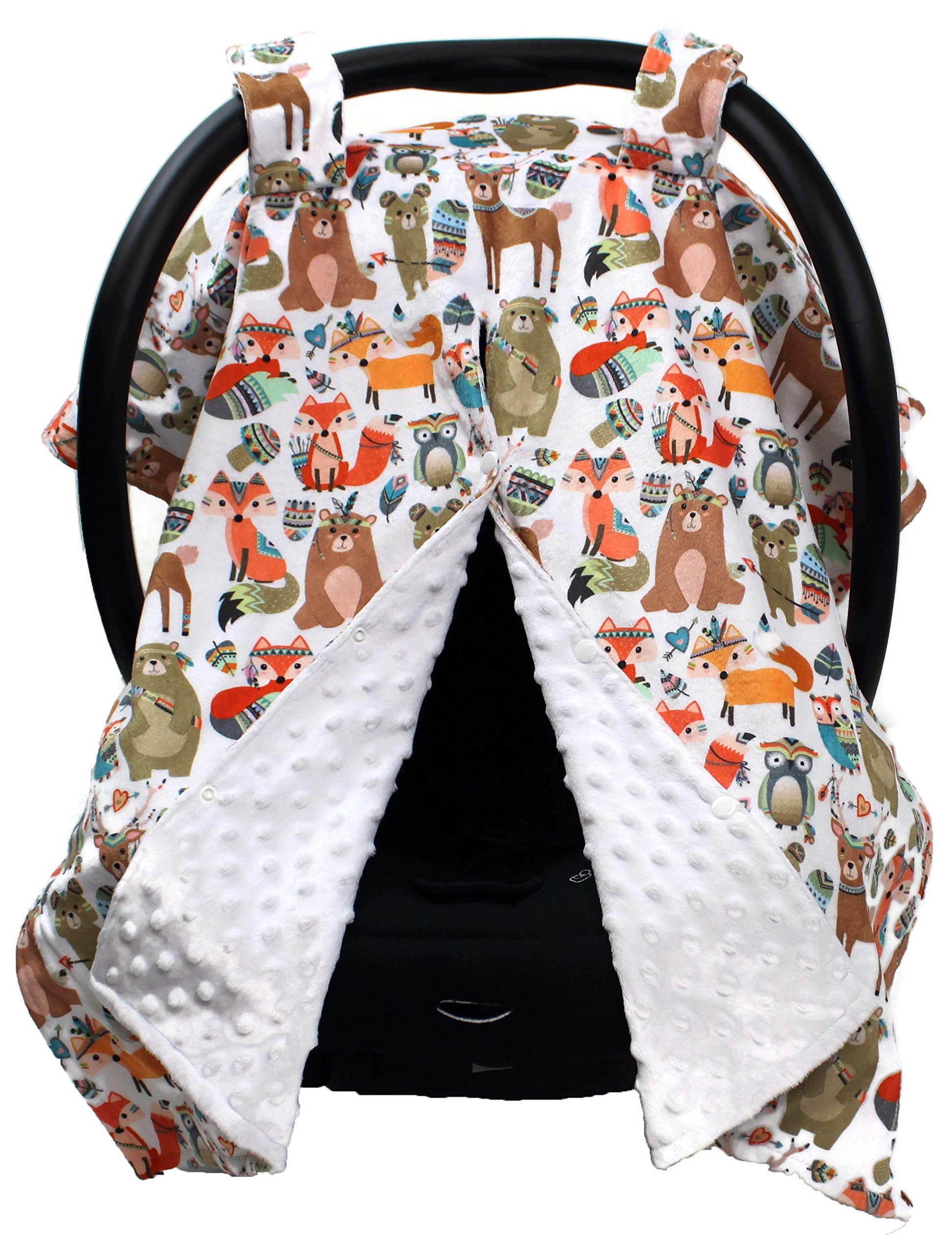Dear Baby Gear Deluxe Baby Car Seat Canopy Cover, Tribal Woodland Forest Animals, Dot, White