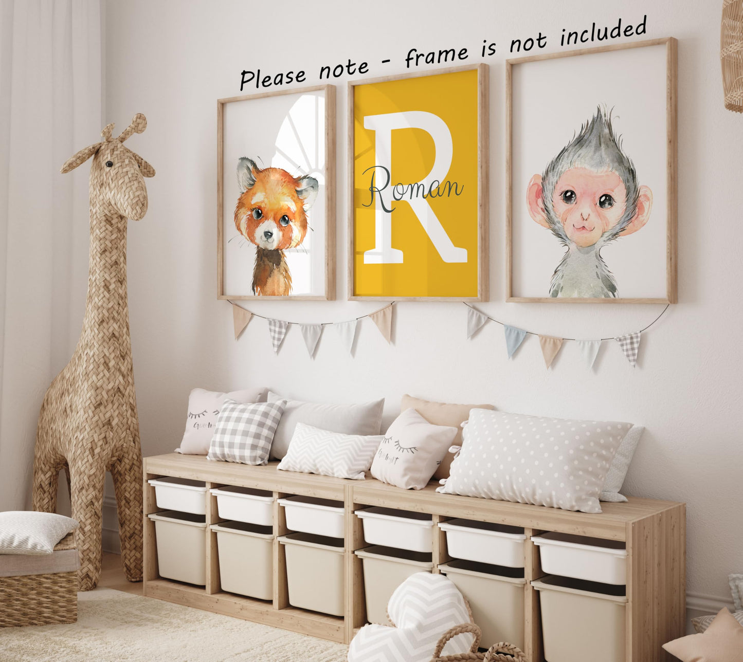 Personalized Safari Animals For Boy Girl Nursery, Set Of 3 Unframed Bedroom Poster Prints, Personalized Name Blue Green Yellow,