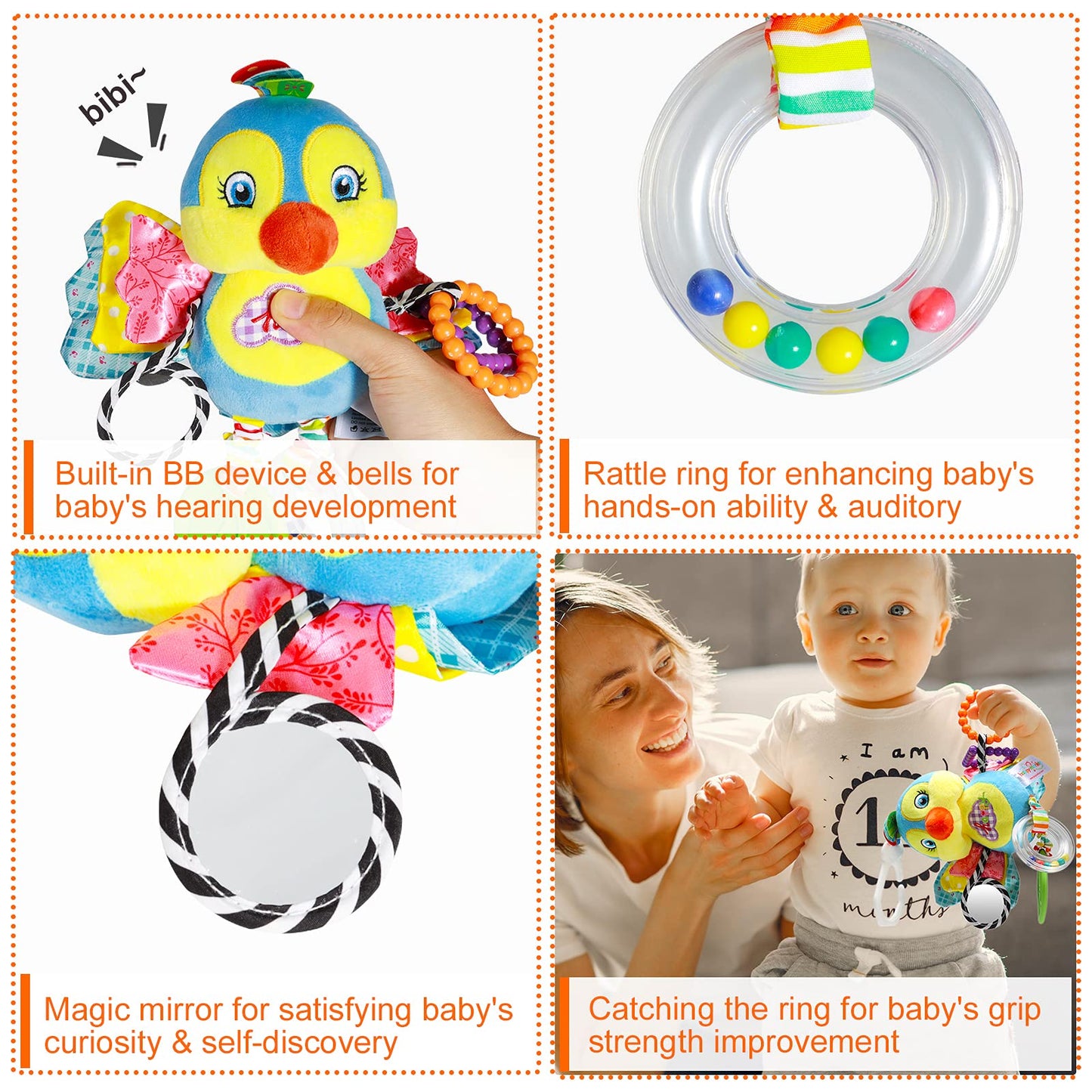 Funsland Baby Stroller and Car Seat Toys for Infant - Hanging Rattle Teether Clip on Soft Plush Baby Toys for Boys and Girls 3-1