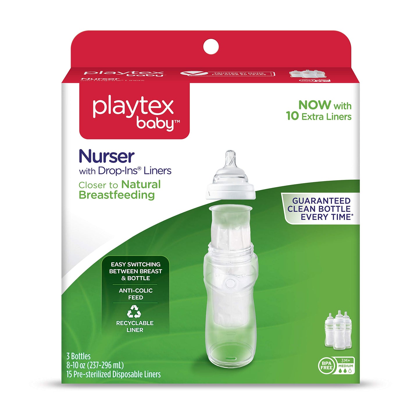 Playtex Baby Nurser Bottle With Pre-Sterilized Disposable Drop-Ins Liners, Closer To Breastfeeding, 8 Ounce Bottles, 3 Count