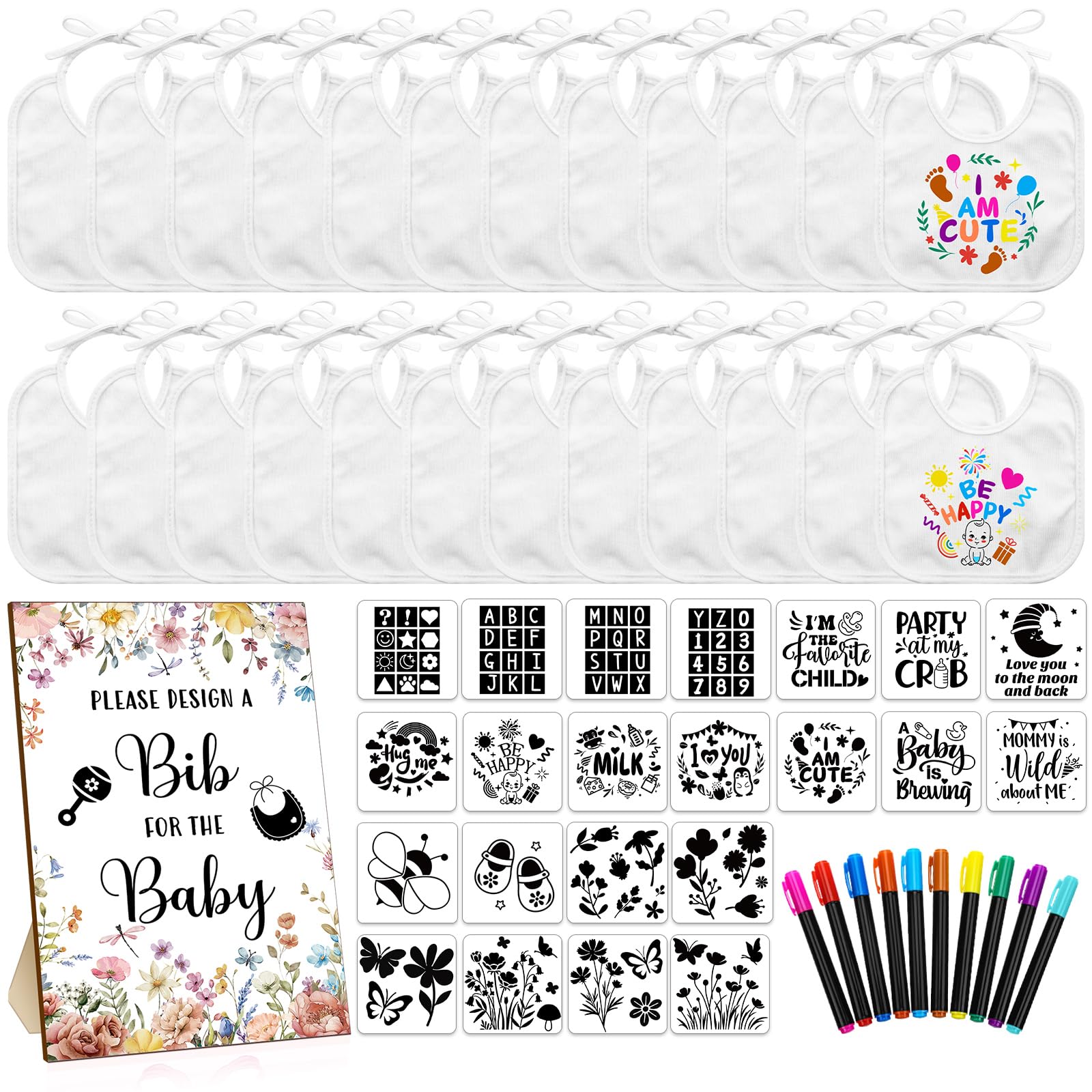 Newwiee 55 Pcs White Bibs for Baby Decorating Design a Bib Decorate Plain newborns Bibs Wooden Sign for Baby Shower Games Kit(Wi