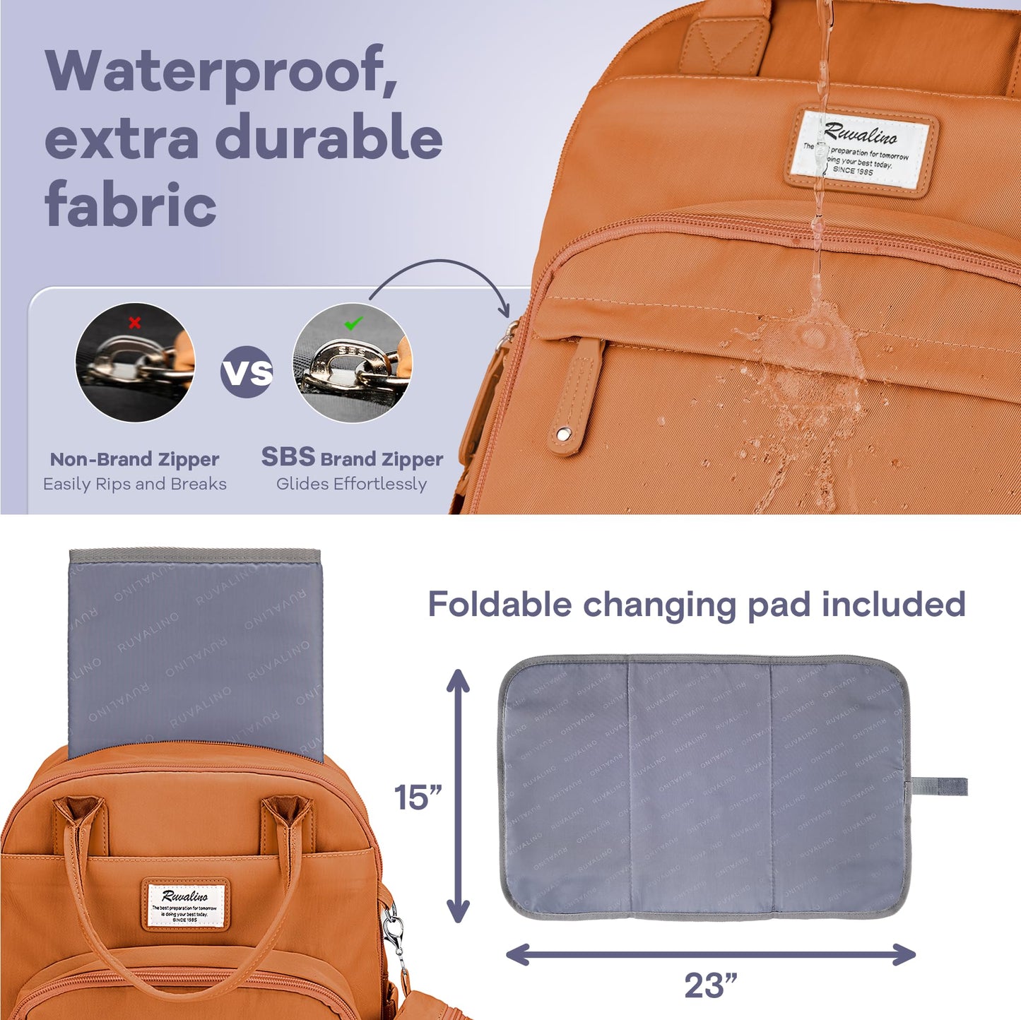 Ruvalino Diaper Bag Backpack, Multifunction Travel Pack Maternity Baby Changing Bags, Large Capacity, Waterproof, Maple Orange