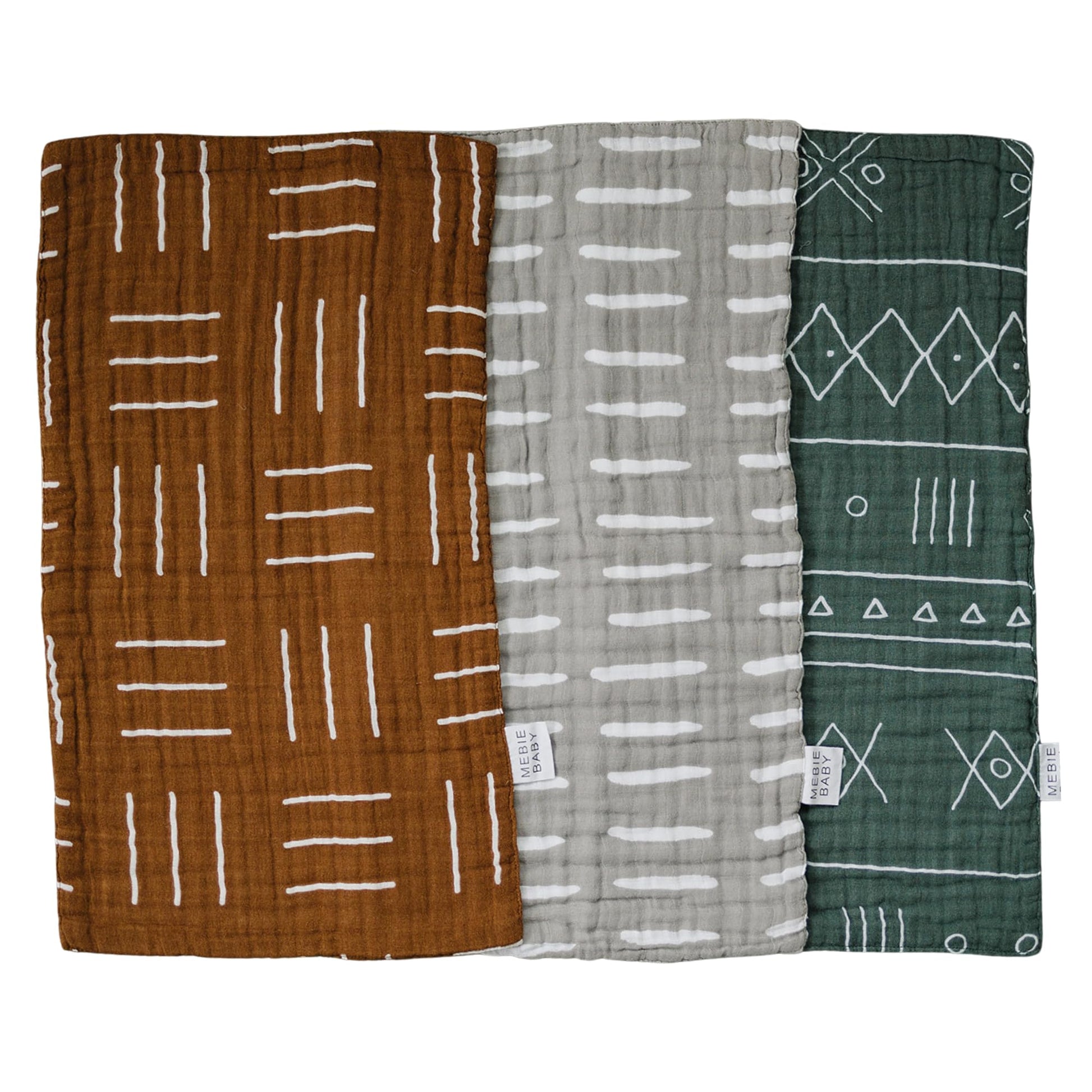 Mebie Baby Burp Cloths, Printed 3-Pack, Muslin Burp Cloth Set for Spit Up, Drool, and More, Boho Burp Cloths for Baby Boy and Gi