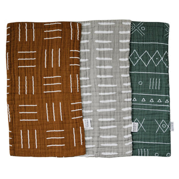 Mebie Baby Burp Cloths, Printed 3-Pack, Muslin Burp Cloth Set for Spit Up, Drool, and More, Boho Burp Cloths for Baby Boy and Gi